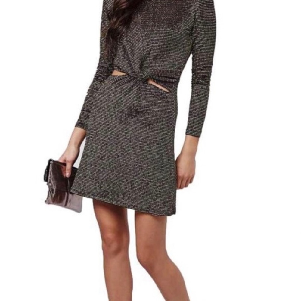 topshop long sleeve cutout knot metallic mini skater dress size 4